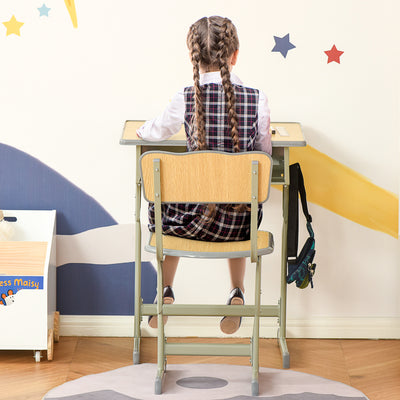 HOMCOM Height Adjustable Kids Desk and Chair Set with Storage Compartment, Bag Hook and Pen Holder, for 6-12 Years, Grey