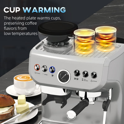HOMCOM 15 Bar Coffee Machine, with Adjustable Grind, Steamer and Accessories - Silver Colour 