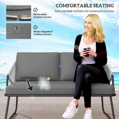 Outsunny 4 Piece Rattan Garden Furniture Set, Wicker Patio Outdoor Furniture Set with Loveseat, Armchairs, Glass Top Coffee Table and Cushions for Patio, Conservatory, Balcony, Grey 