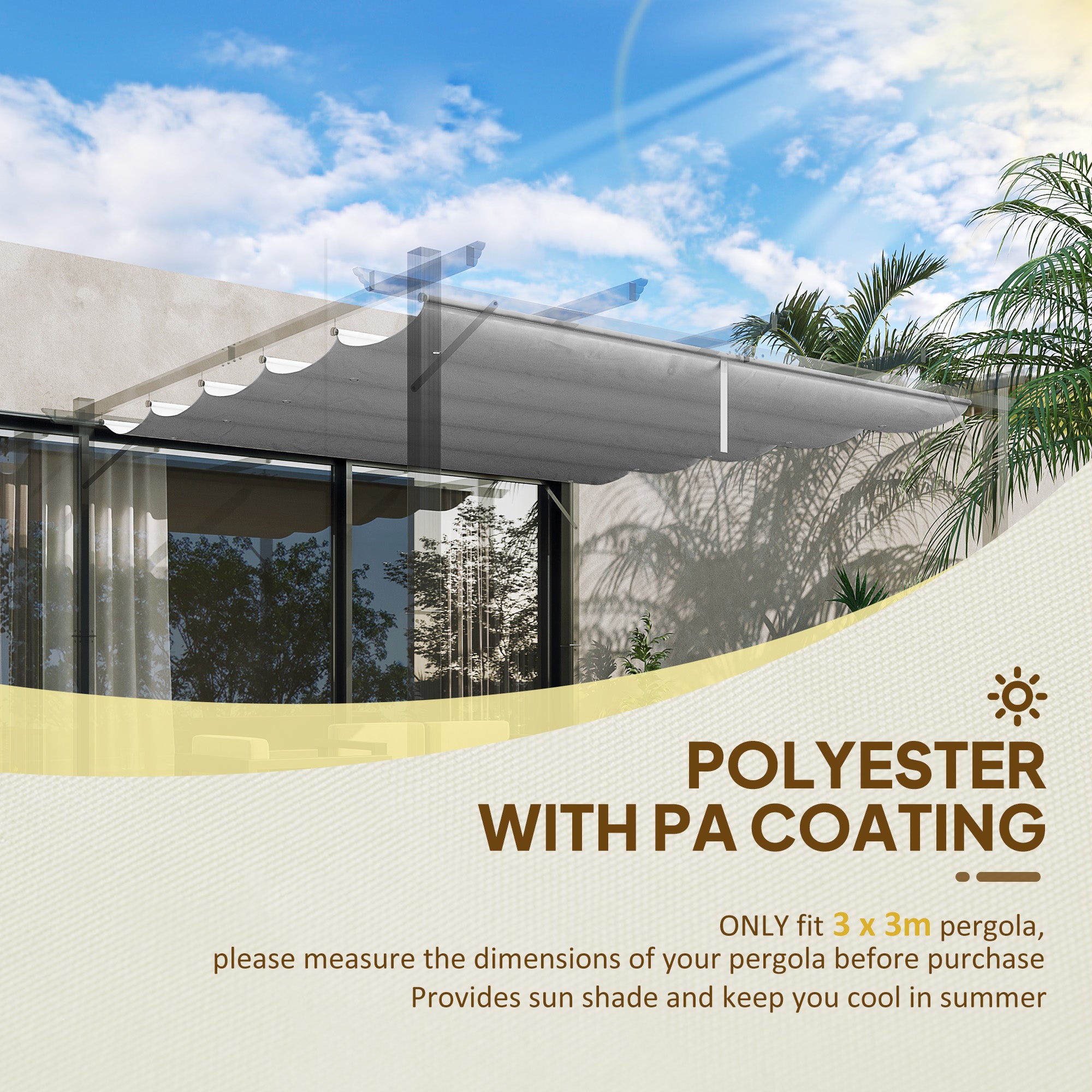 Outsunny Retractable Pergola Shade Cover, Replacement Canopy Fabric for 3 x 3 (m) Pergola, Gazebo Retractable Roof, Light Grey 