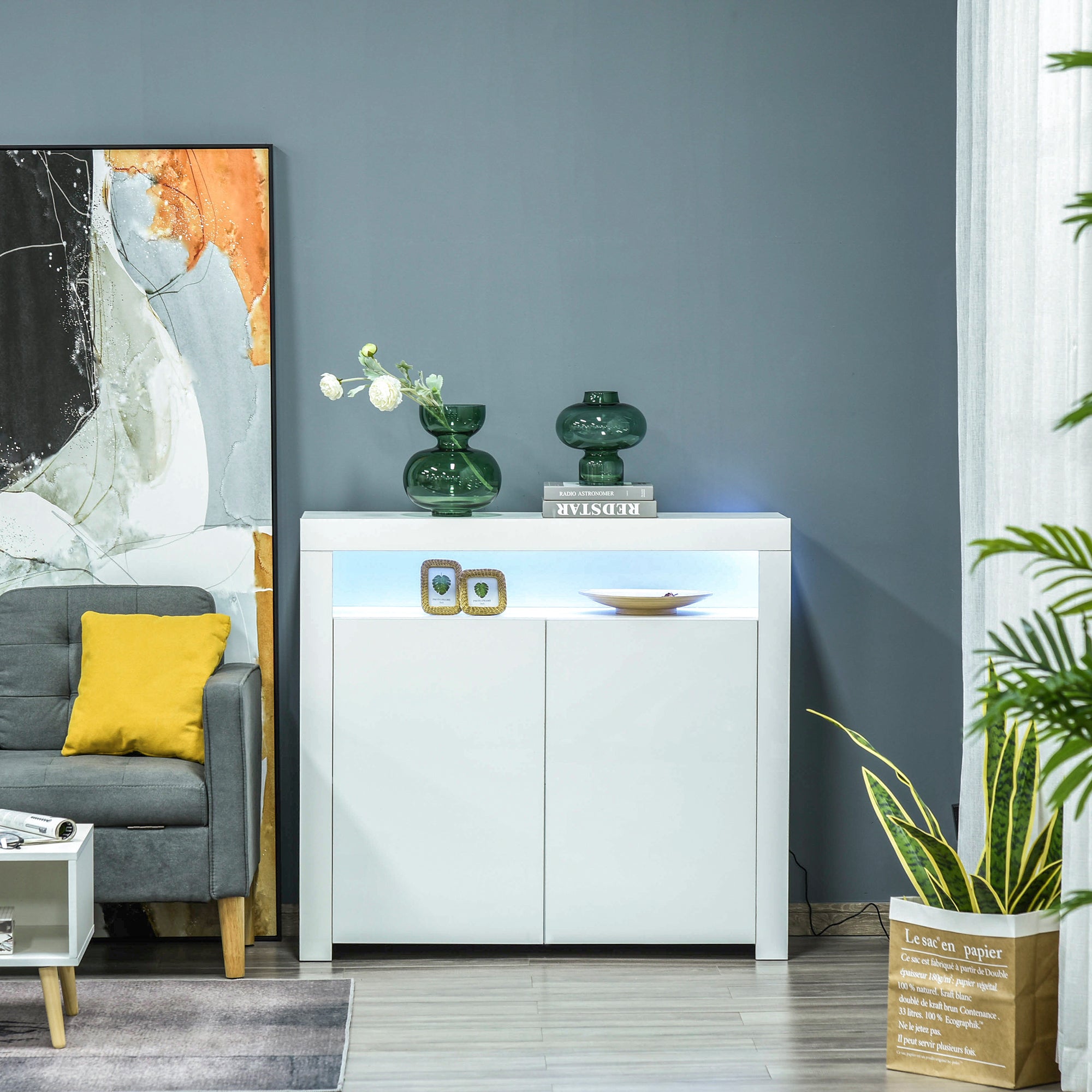 HOMCOM LED Storage Cabinet, Cupboard with High Gloss Front and RGB Lighting, Modern Sideboard for Entryway, Dining Area, Living Room, White 