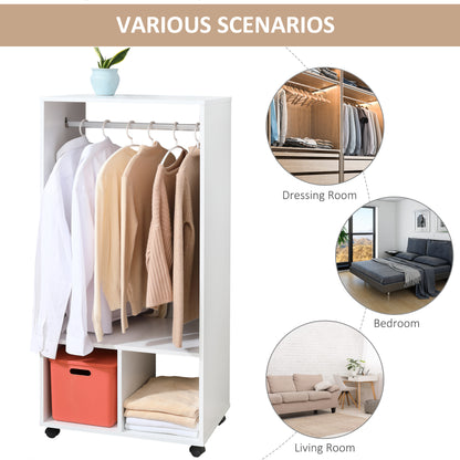 HOMCOM Open Wardrobe on Wheels, Bedroom Wardrobe with Clothes Hanging Rail, 2 Storage Shelves, Mobile Garment Rack for Cloakroom, Hallway, White 