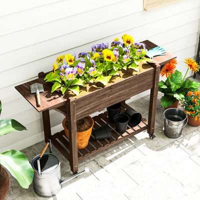 Outsunny Raised Garden Bed, Wooden Elevated Planter Box with Lockable Wheels, Side Tables and Bottom Shelf, Outdoor Planter with Liner and Drainage Holes for Vegetables, Flowers, Fruits, Carbonised 