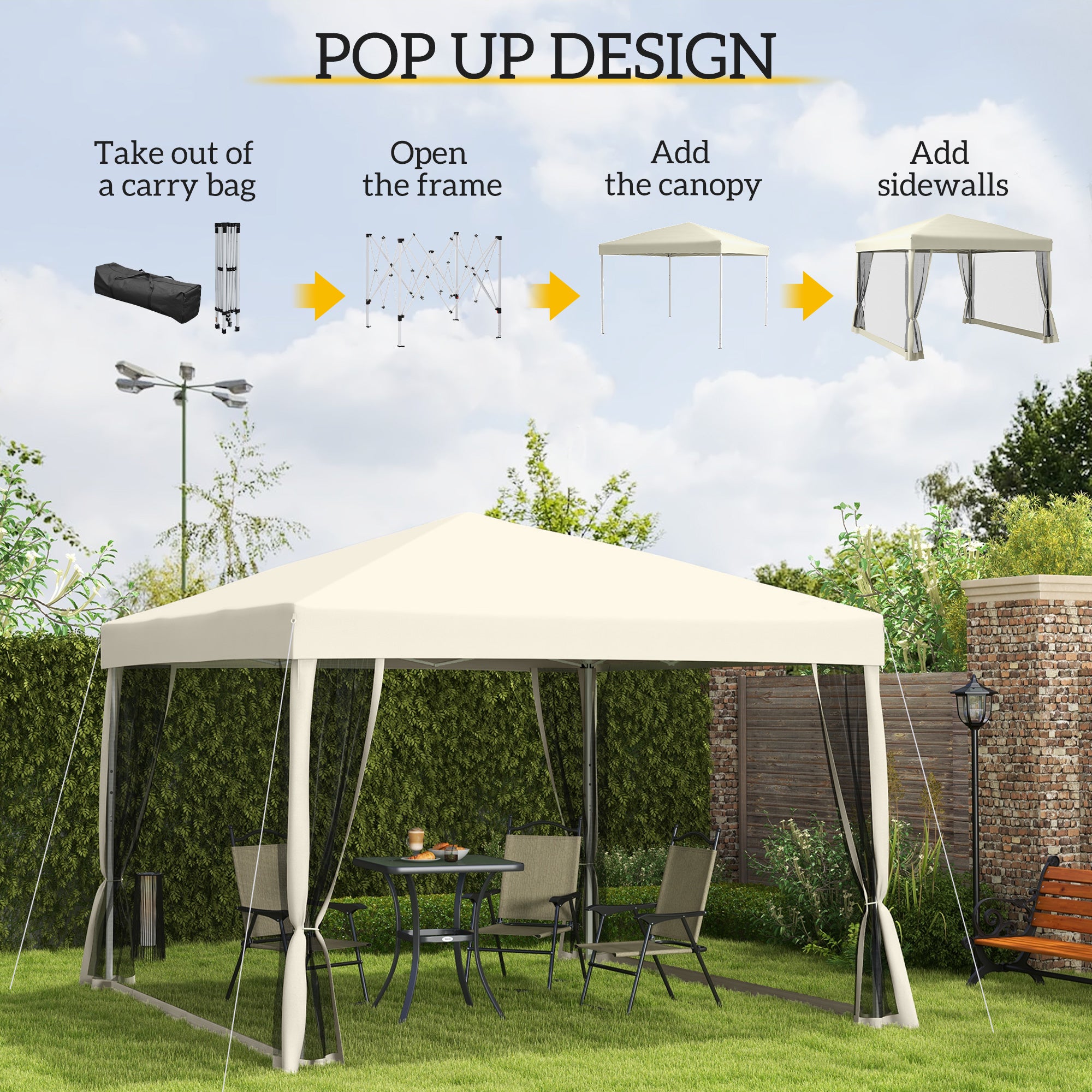 Outsunny 3 x 3(m) Pop Up Gazebo with 4 Mesh Sides and Carry Bag, Height Adjustable Party Canopy Tent, Portable Garden Outdoor 