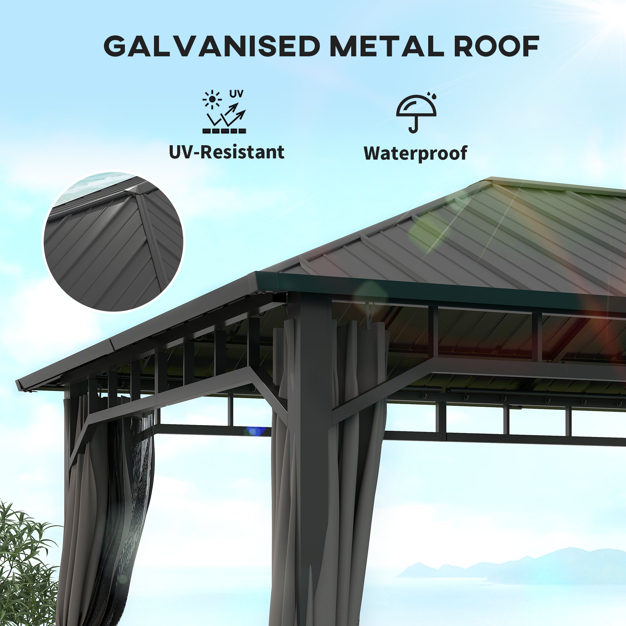 Outsunny 3 x 4m Hardtop Gazebo with Galvanised Steel Roof and Water Gutter, Waterproof Permanent Pavilion Garden Gazebo with Netting and Curtains for Patio, Deck 