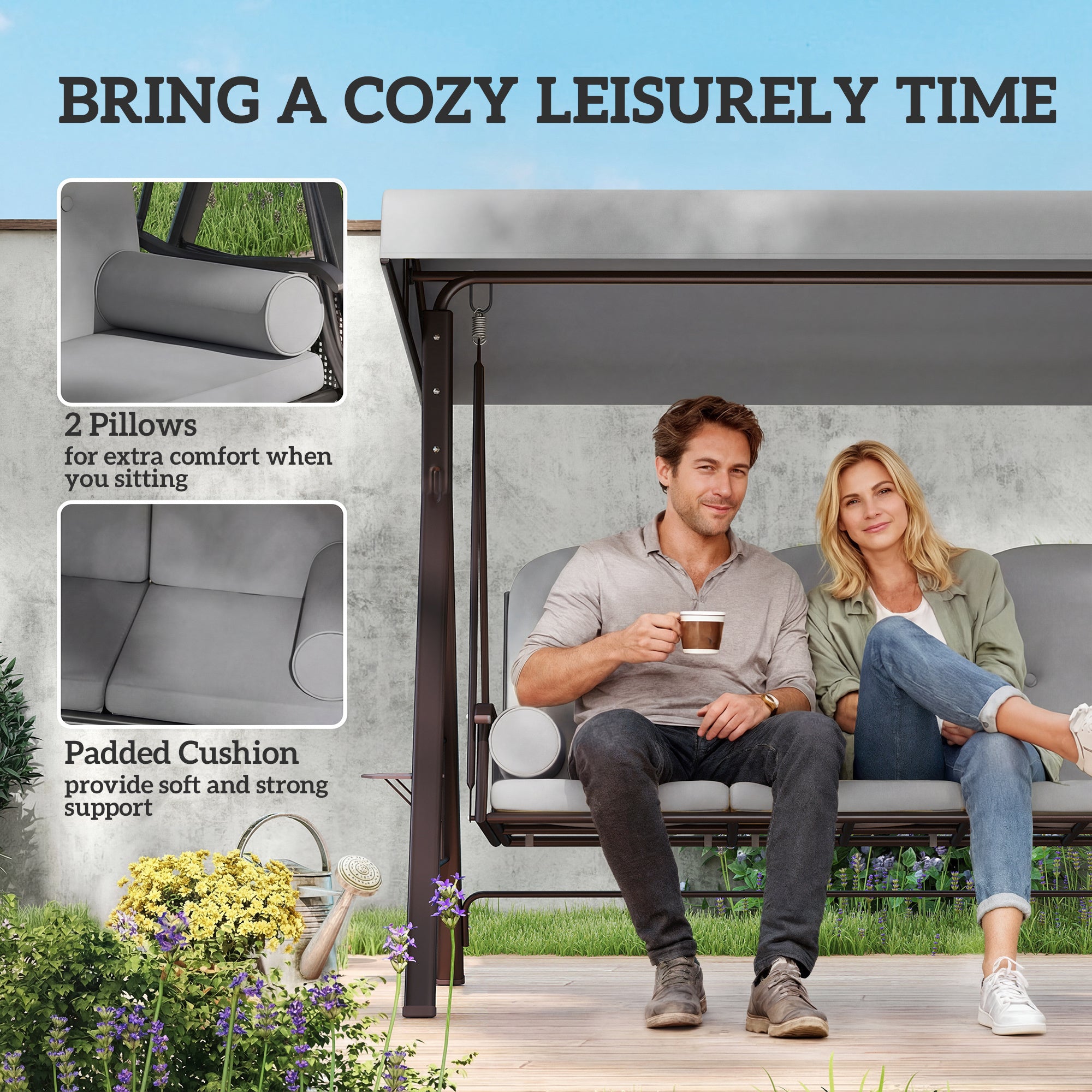 Outsunny 3 Seater Canopy Swing Chair, Outdoor Garden Swing Seat with Adjustable Canopy, Cushions and Cup Trays, Steel Frame, Light Grey 