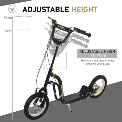 HOMCOM Teen Kids Stunt Scooter w/ Adjustable Handlebar, 12 Inch Rubber Tyres, Dual Brakes, Black 