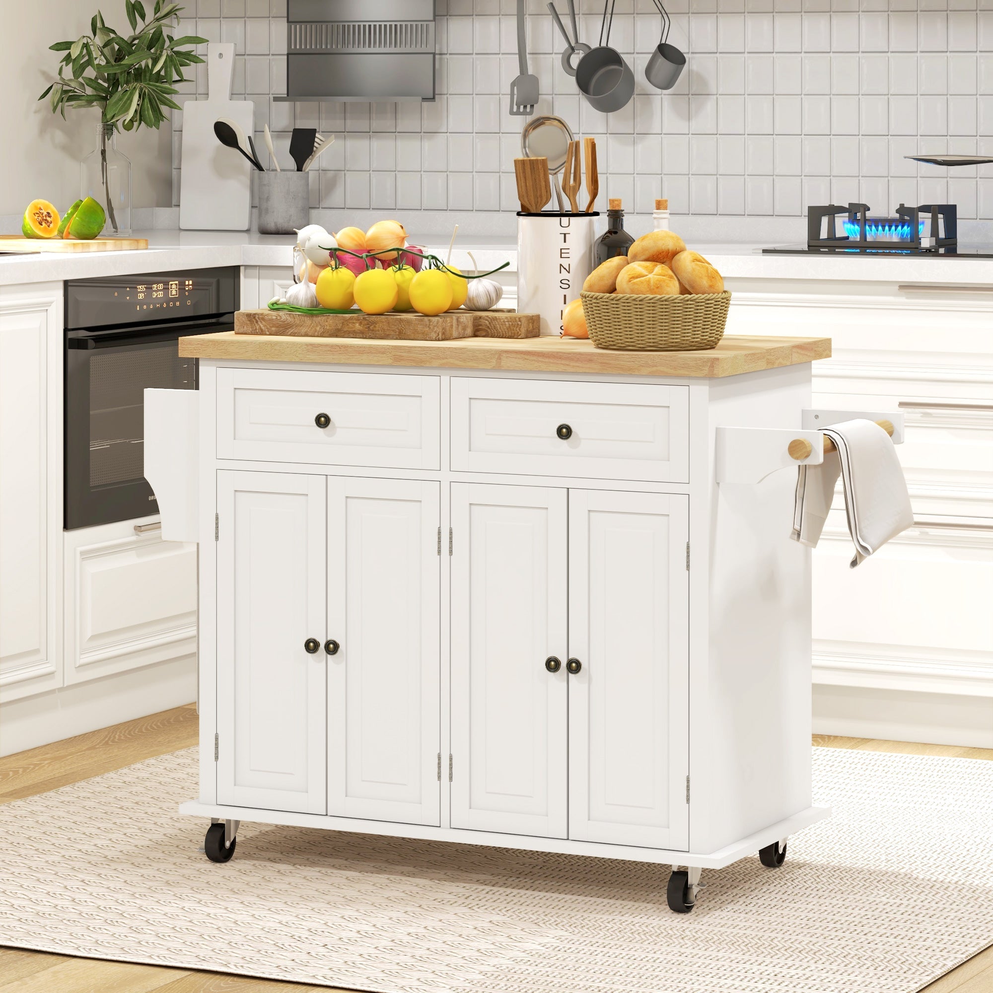 HOMCOM Rolling Kitchen Island Storage Trolley with Rubber Wood Top & Drawers for Dining Room, Cream White 