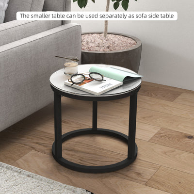 HOMCOM Glass Coffee Table Set of 2, Round Nest of Tables with Marble-Effect Tempered Glass Tabletop and Steel Frame, Modern Side Tables for Living Room, White 