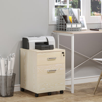 Vinsetto 2-Drawer Locking Office Filing Cabinet w/ 5 Wheels Rolling Storage Hanging Legal Letter Files Cupboard Home Organisation Oak Wood Grain 