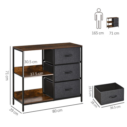 HOMCOM Chest of Drawers Storage  Dresser Cabinet Organizer with 3 Fabric Drawers and 2 Display Shelves for Living Room, Bedroom, Hallway, Black 