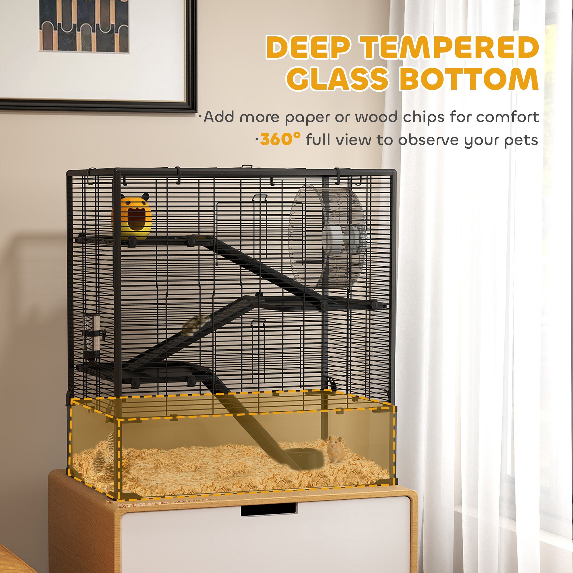 PawHut 4 Tiers Hamster Cage with Deep Tempered Glass Bottom, Hut, Running Wheel, Food Dish, Water Bottle, 78.5 x 48.5 x 80cm 