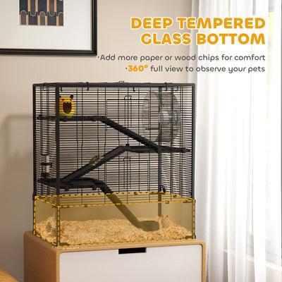 PawHut 4 Tiers Hamster Cage with Deep Tempered Glass Bottom, Hut, Running Wheel, Food Dish, Water Bottle, 78.5 x 48.5 x 80cm 