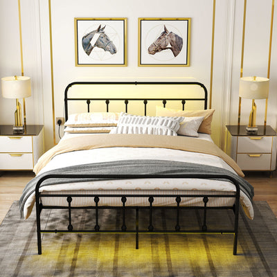 HOMCOM King Bed Frame with LED Lights and Charging Station, Metal Platform Bed Frame with Under Bed Storage, Black 