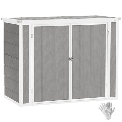 Outsunny 4.7 x 2.5FT Garden Shed, Double Bin Storage Shed with Lockable Doors, Outdoor Small Shed with Openable Lid for 2 Trash Cans, Garden Tools, Grey 