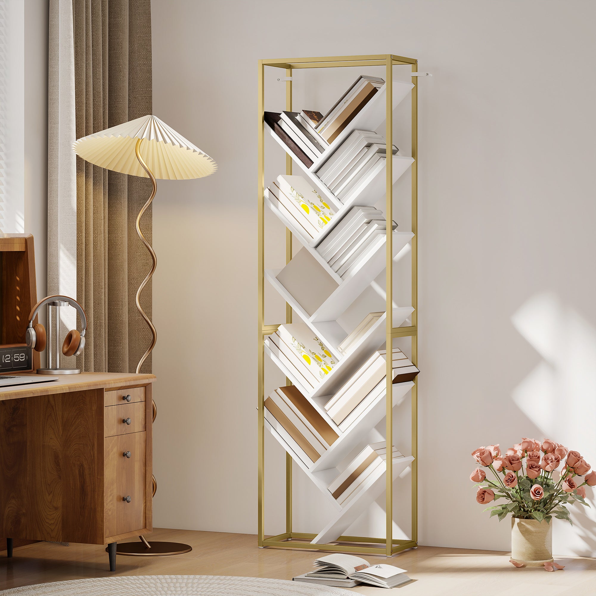 HOMCOM 10 Shelf Modern-Style Bookshelf - Gold Tone/White 