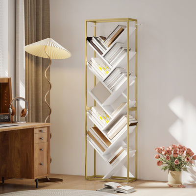 HOMCOM 10 Shelf Modern-Style Bookshelf - Gold Tone/White 