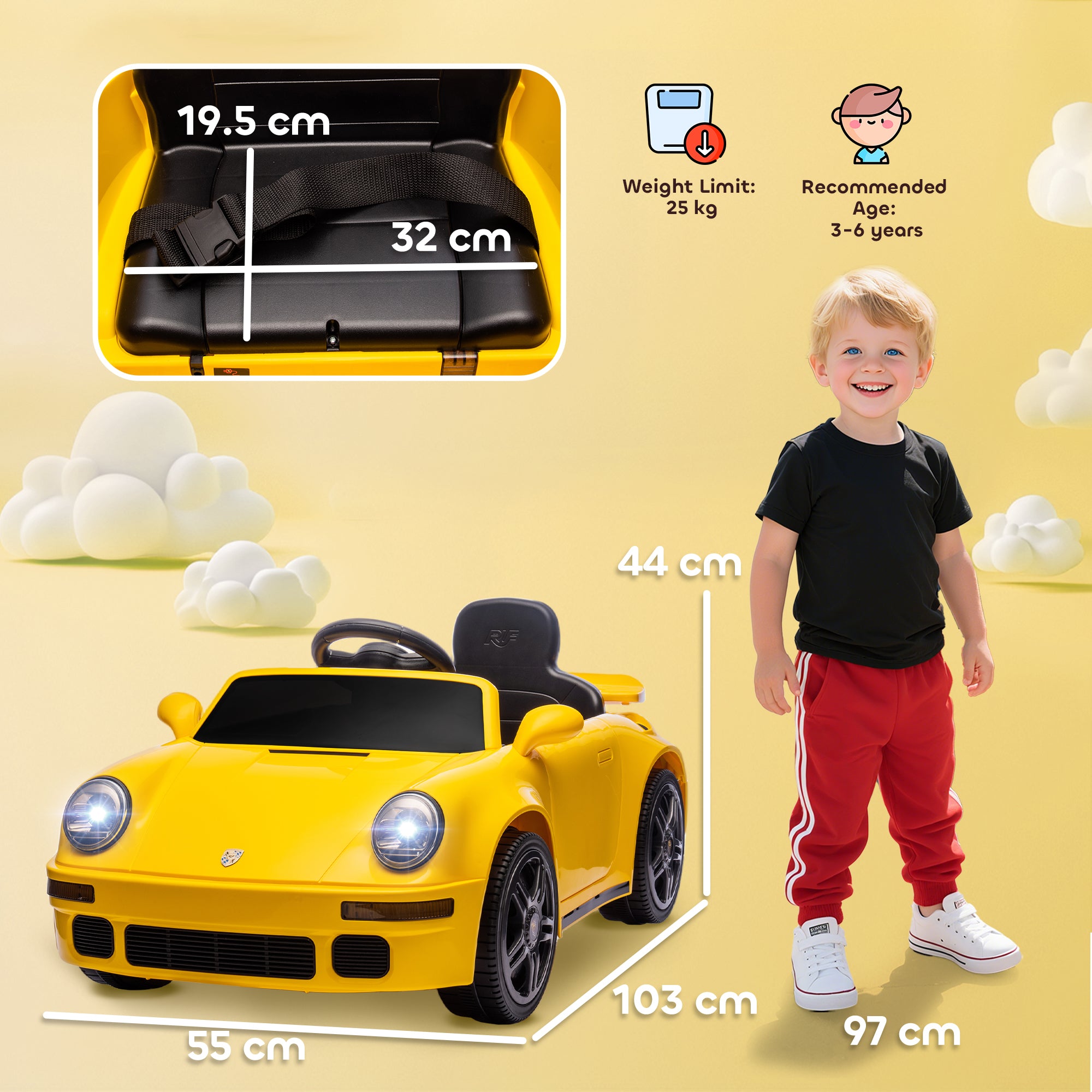 AIYAPLAY Licensed RUF CTR 2017 Electric Car for Kids, with Remote Control, Soft Start, MP3 Player, LED Lights, Yellow