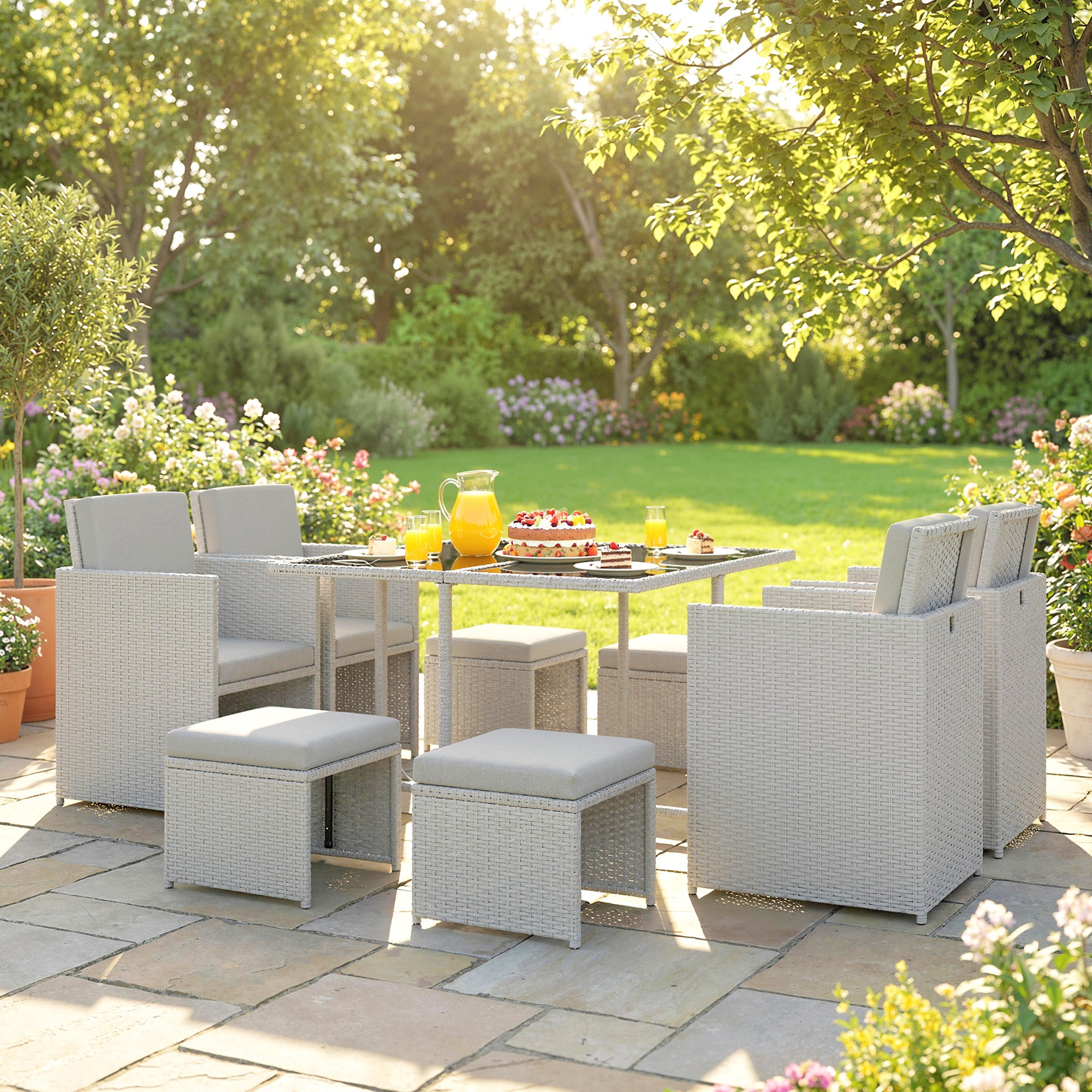 Outsunny 9 Piece Rattan Cube Garden Furniture Dining Set with Armchairs, Footstools and Glass-Top Table, Light Grey 