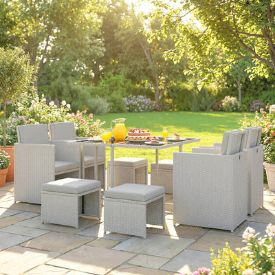 Outsunny 9 Piece Rattan Cube Garden Furniture Dining Set with Armchairs, Footstools and Glass-Top Table, Light Grey 