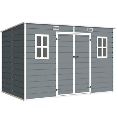 Outsunny 10 x 6 ft Resin Garden Shed, Outdoor Storage Shed with Floor, Windows, Lockable Doors and Vents, Grey 
