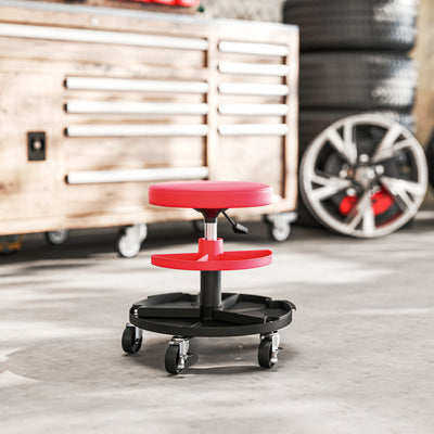 HOMCOM Rolling Mechanic Stool, 135kg Capacity Workshop Stool, 360° Swivel Roller Padded Creeper Seat with Wheels, Tool Trays Storage for Garage, Shop, Auto Repair, Red 