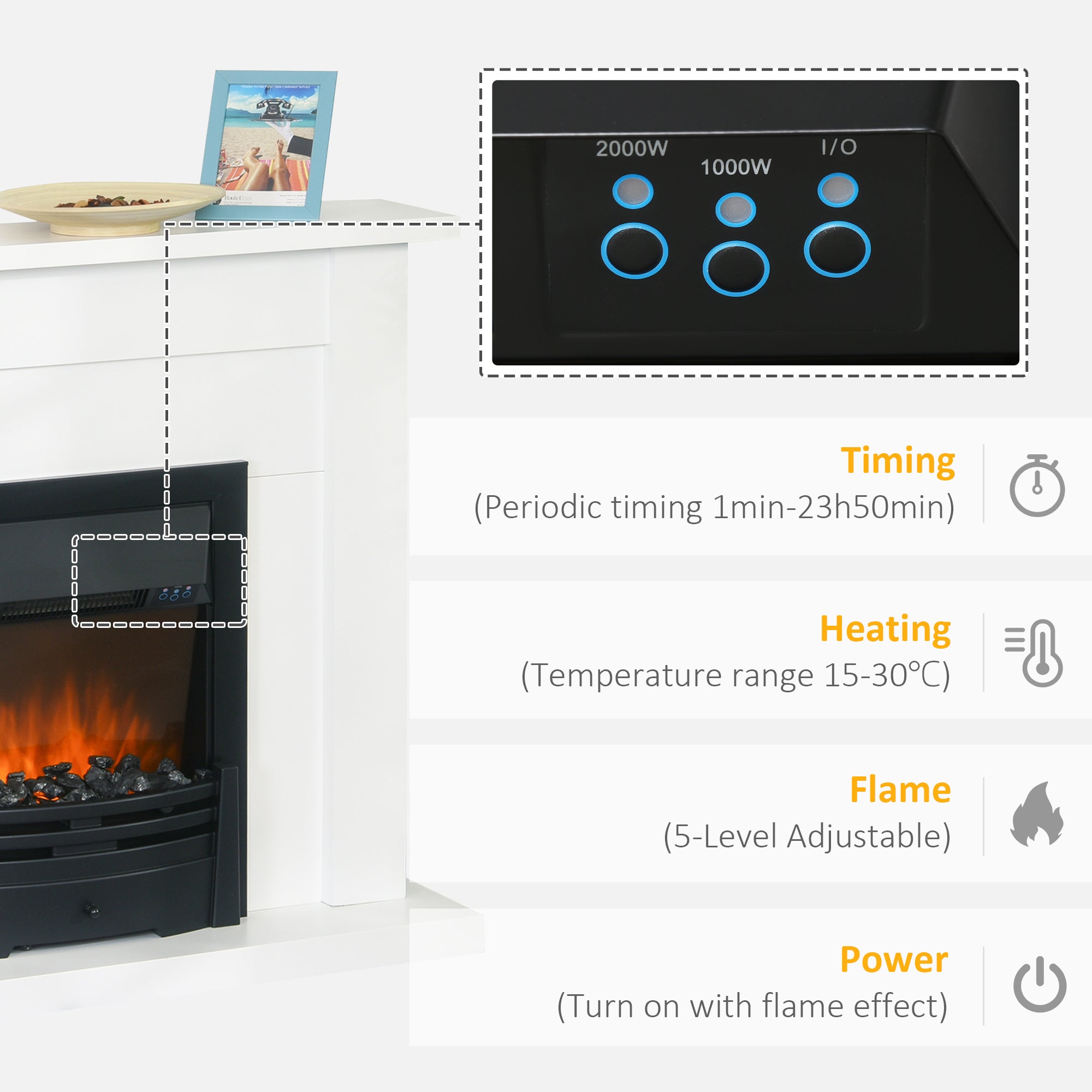 HOMCOM Electric Firplace Suites & Mantelpiece w/LED Flames Remote Marble Stone Modern Curved Surround Intelligent Safe Tempered Glass Adjustable Thermal 1000W/2000W 
