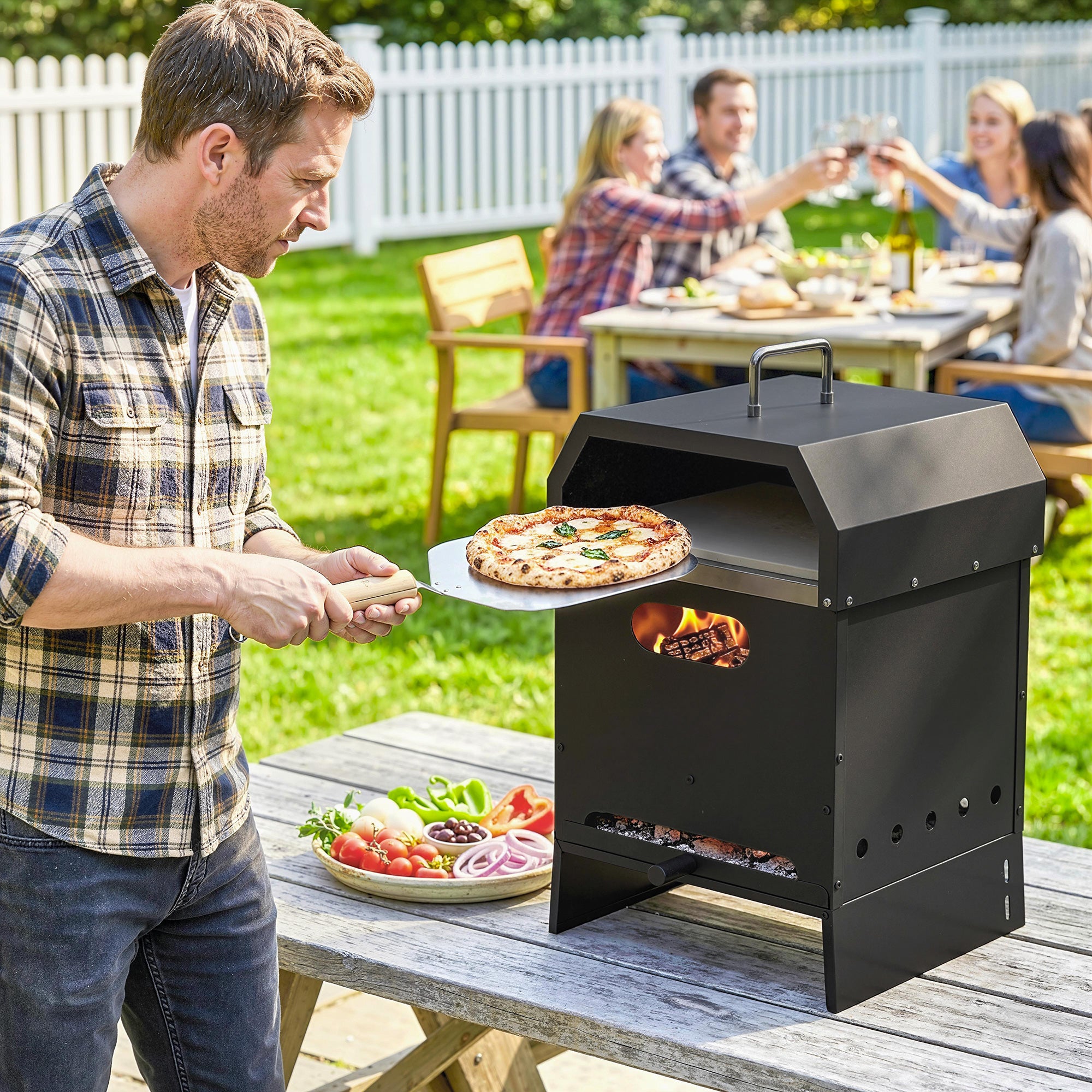 Outsunny 3 in 1 Outdoor Pizza Oven, Portable Wood Fired Pizza Maker with Handles, Stone and Peel 