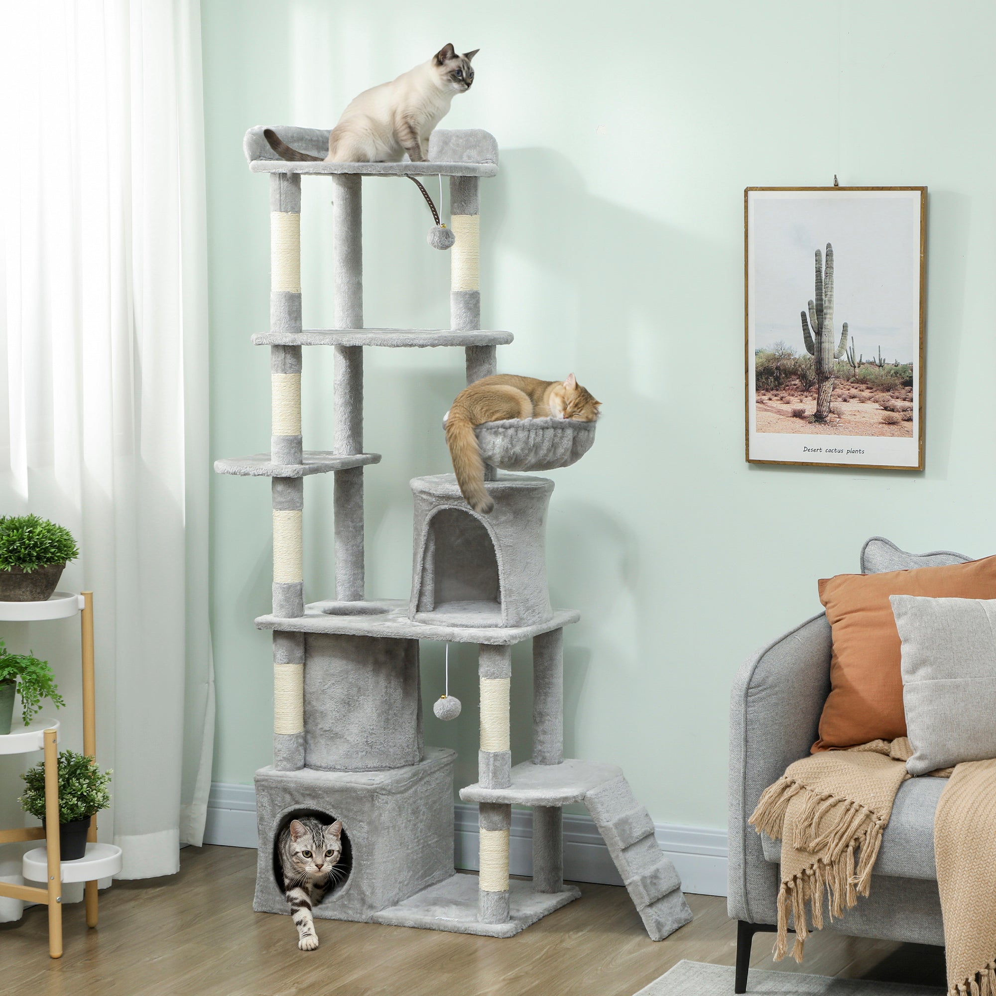 PawHut 170 cm Large Cat Tree, Cat Tower with 7 Scratching Posts, 2 Condos, Hammock,  Light Grey 