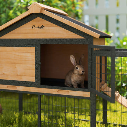 PawHut Wooden Rabbit Hutch Outdoor with Steel Run, Wooden Guinea Pig Cage with Removable Plastic Tray, Asphalt Roof, Ramp 