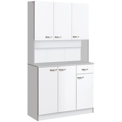 HOMCOM Kitchen Cupboard, Freestanding Kitchen Storage Cabinet with 6 Doors, Drawer, Adjustable Shelves and Open Countertop for Dining Room, White 