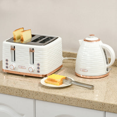 HOMCOM Kettle and Toaster Sets, 3000W 1.7L Rapid Boil Kettle & 4 Slice Toaster with 7 Browning Controls, Defrost, Reheat and Crumb Tray, Otter thermostat, Cream White 