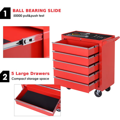 DURHAND 5-Drawer Lockable Tool Storage Cabinet with Wheels, Handle, 2 Keys, Steel Home Work DIY Workshop Chest, Garage Equipment Trolley, Red 