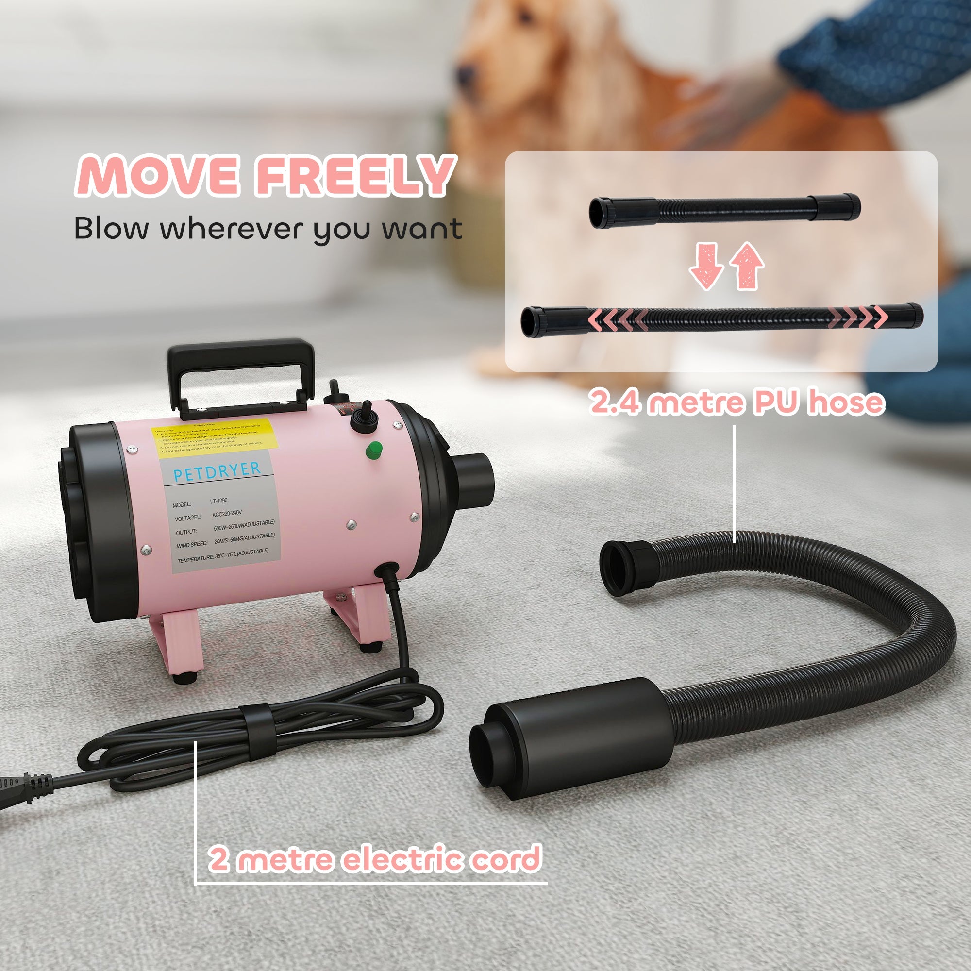 PawHut 2200W Dog Hair Dryer with Adjustable Temperature & Velocity, 3 Different Nozzles, Pink 