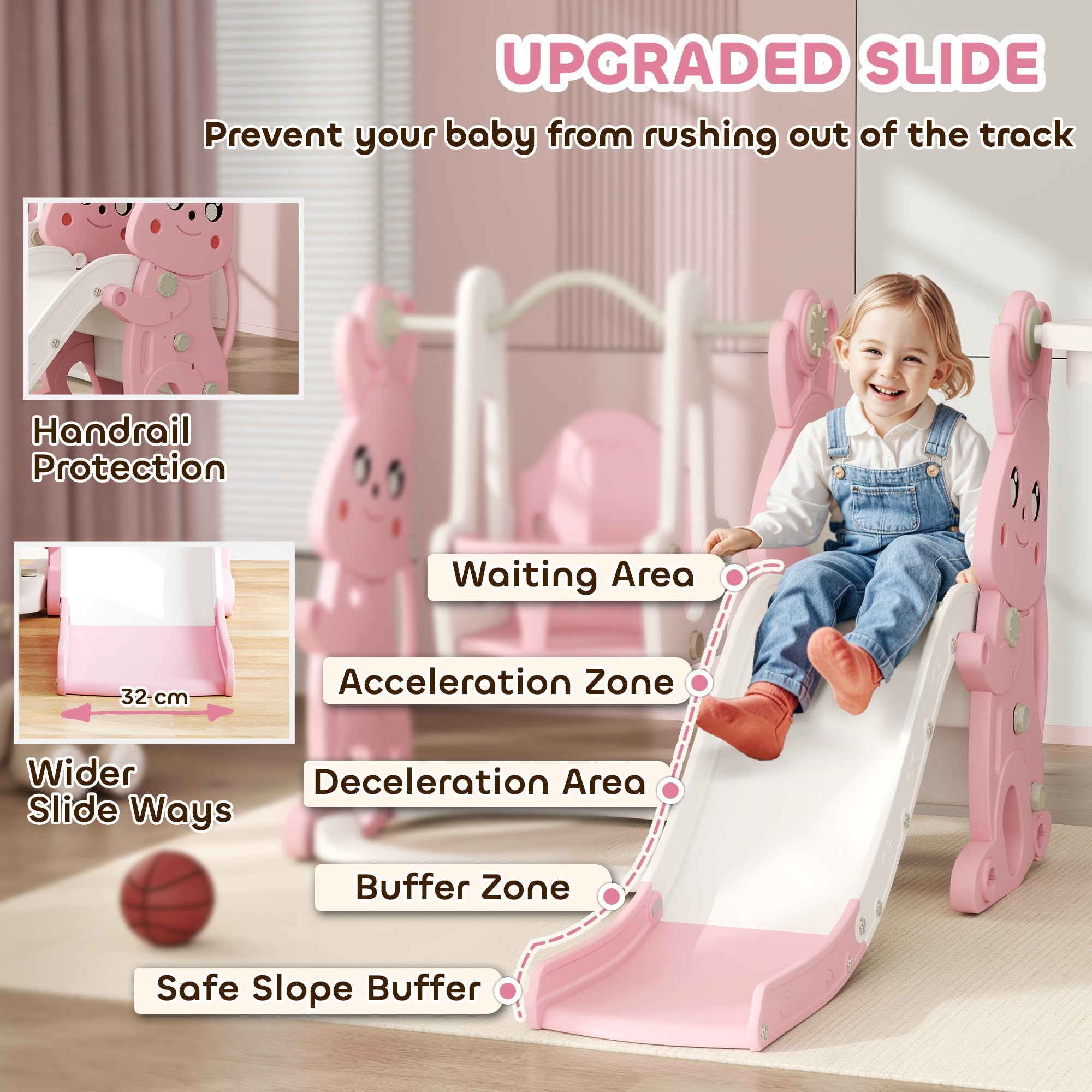 AIYAPLAY 4 in 1 Kids Slide and Swing Set with Climber, Basketball Hoop, Rabbit-Themed, Pink 