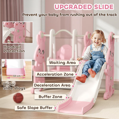 AIYAPLAY 4 in 1 Kids Slide and Swing Set with Climber, Basketball Hoop, Rabbit-Themed, Pink 