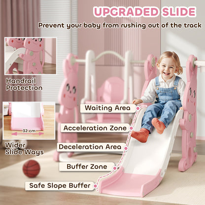 AIYAPLAY 4 in 1 Kids Slide and Swing Set with Climber, Basketball Hoop, Rabbit-Themed, Pink 