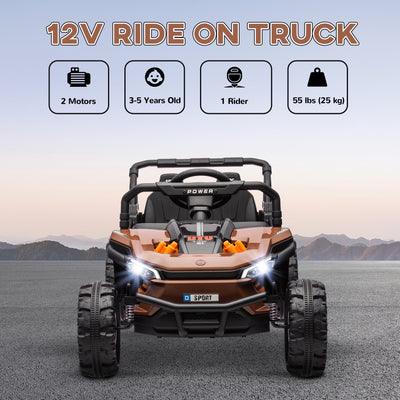 AIYAPLAY 12V Battery Powered Ride on Truck w/ Remote, Four Suspension Wheels, Horn, Lights, Music, USB, for Ages 3-5 Years, Brown 