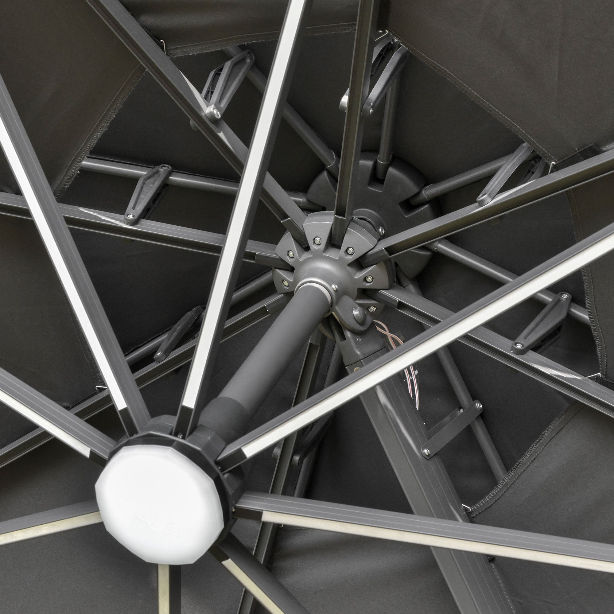 Outsunny 3m Cantilever Parasol w/ Solar Lights Power Bank Base 360° Spin Dark Grey 