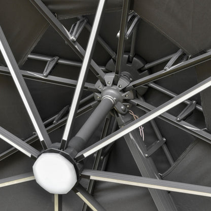 Outsunny 3m Cantilever Parasol w/ Solar Lights Power Bank Base 360° Spin Dark Grey 