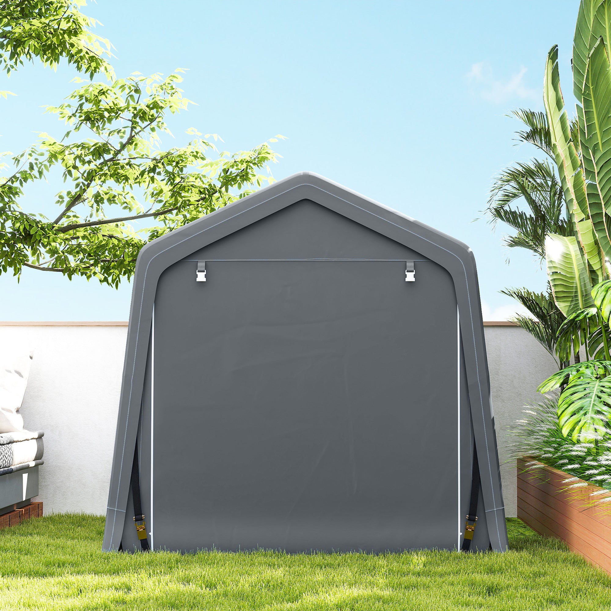 Outsunny 8 x 6.5 ft Outdoor Garden Storage Shed, Waterproof Bike Tent w/ Double Roll-up Zipper Door for Garden Tools, Dark Grey 