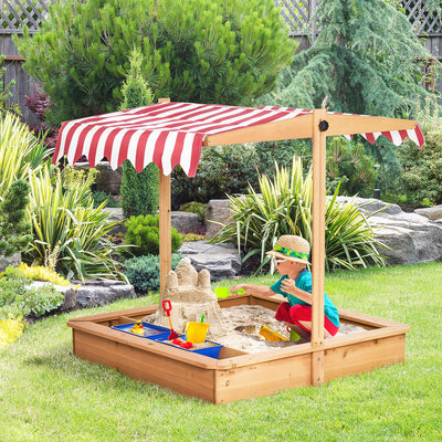 Outsunny Sand Pit Kids Wooden Sandbox with Cover Children Sandpit Play Station Height Adjustable with Canopy, Bottom Liner, Plastic Basins for Outdoor Aged 3-7 Years 