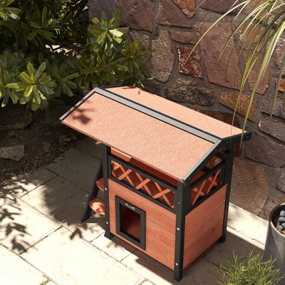 PawHut Cat House Outdoor w/ Balcony Stairs Roof, 77 x 50 x 73 cm, Brown 