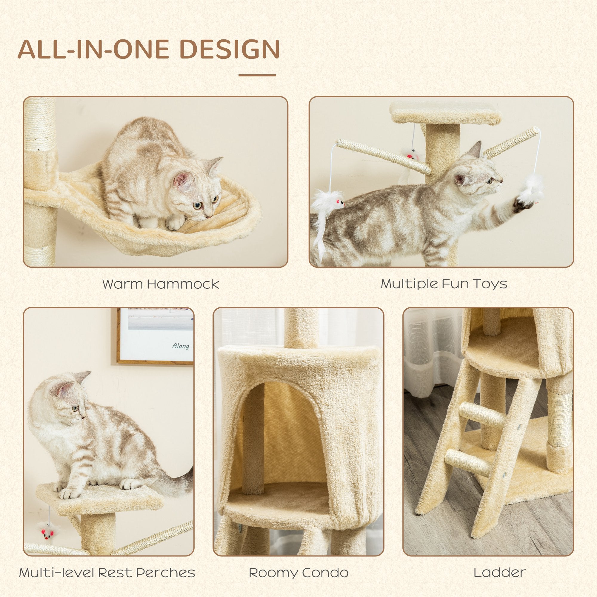 PawHut Cat Tree for Indoor Cats 135cm Kitten Tower Scratching Post Kitty Scratcher Climbing Tower with Ladder, Beige 