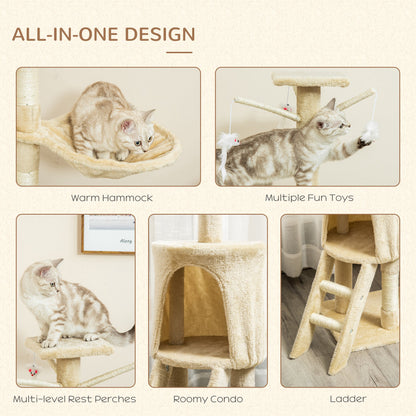 PawHut Cat Tree for Indoor Cats 135cm Kitten Tower Scratching Post Kitty Scratcher Climbing Tower with Ladder, Beige 