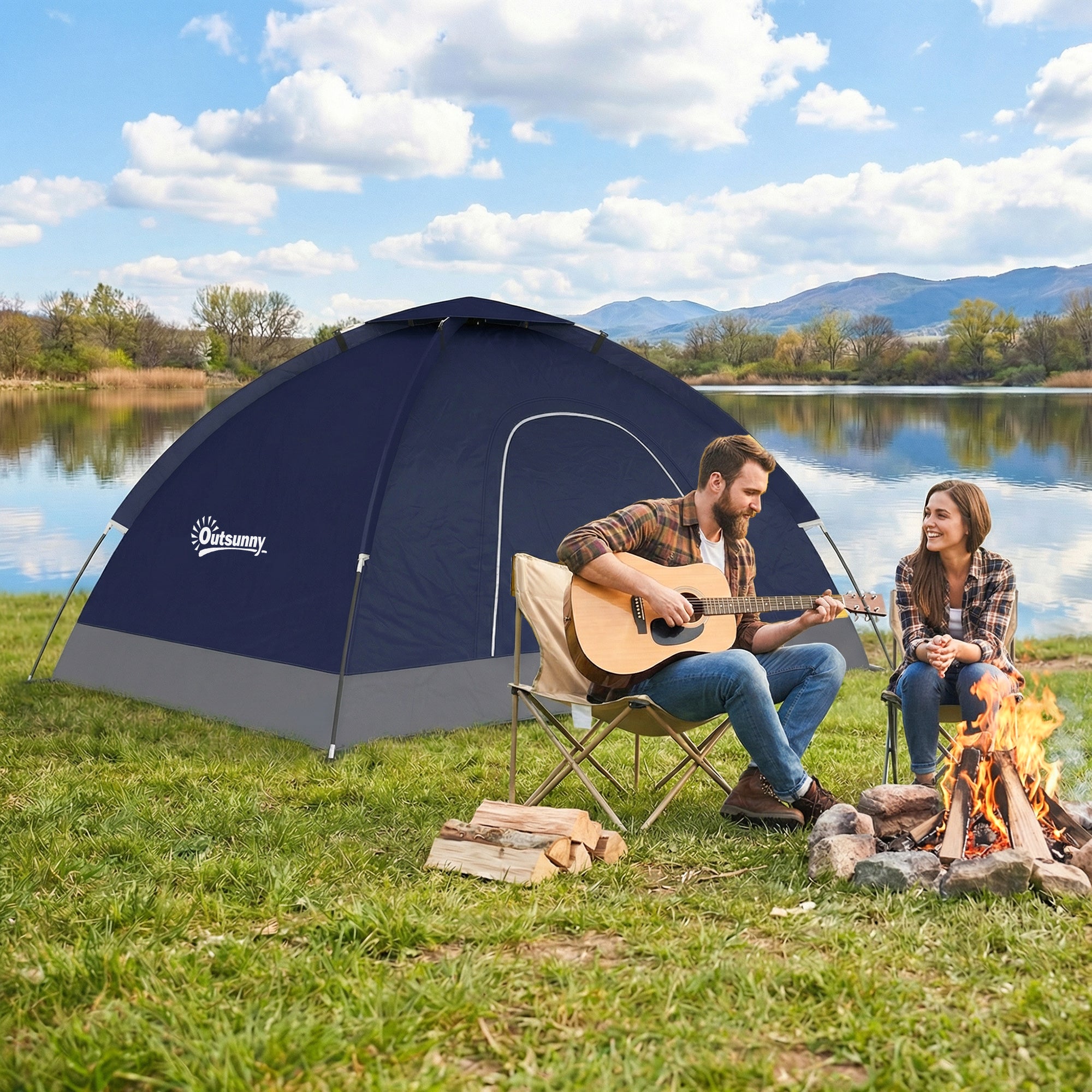 Outsunny 2 Person Camping Tent, Dome Tent with Zipped Doors, Storage Pocket, Portable Handy Bag, Navy Blue 