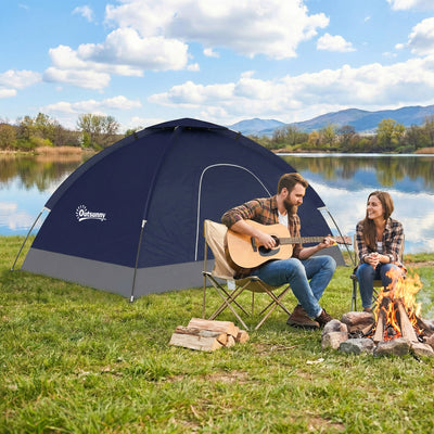 Outsunny 2 Person Camping Tent, Dome Tent with Zipped Doors, Storage Pocket, Portable Handy Bag, Navy Blue 