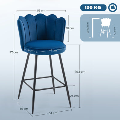 HOMCOM Set of Two Velvet-Feel Lotus Bar Stools - Dark Blue 