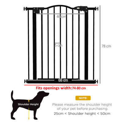 PawHut Metal 74-80cm Adjustable Pet Gate Safety Barrier w/ Auto-Close Door Black 