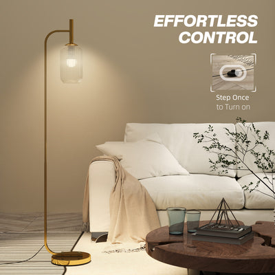 HOMCOM LED Floor Lamp for Living Room with Glass Lampshade, Modern Standing Lamp with Foot Switch, Adjustable Brightness, 2700K for Bedroom, Gold Tone 